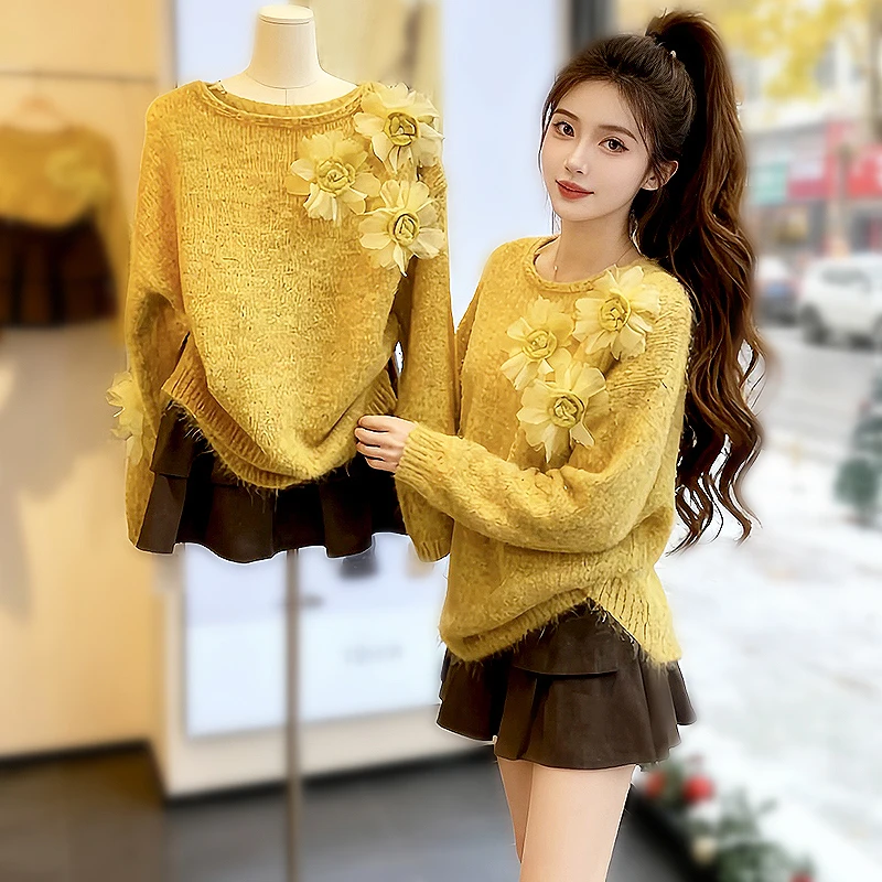 

3D Flower Wool Sweater for Woman 2025 Winter Sweet Style O-Neck Pullover Casual Loose Long Sleeve Sweater Women Clothing SL249