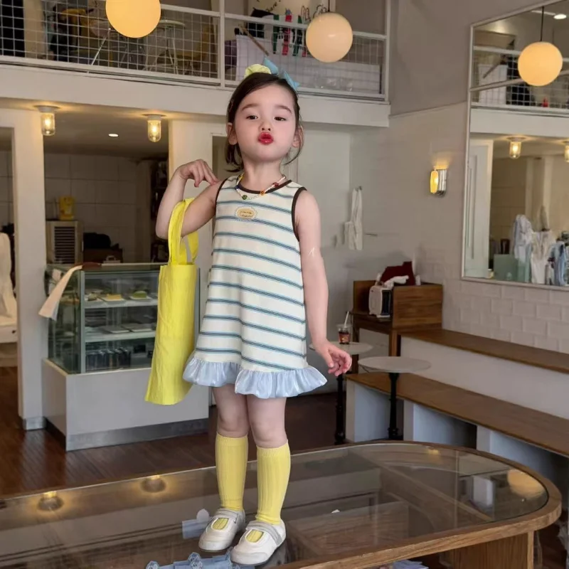 

2026Summer new style girls' striped patchwork letter sleeveless dress, baby girl's sweet tank dress with contrasting color colla