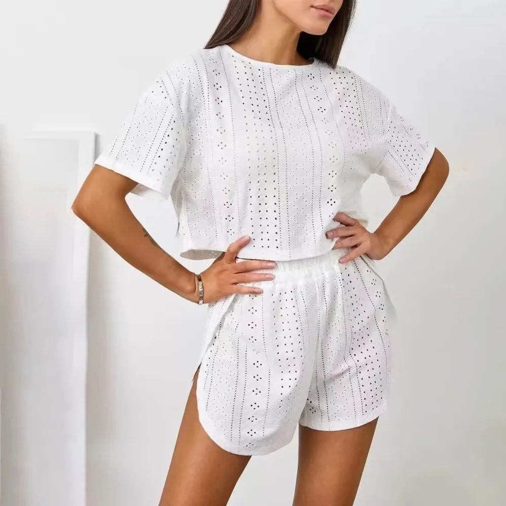 New Polyester Women Pajamas Set Hollow Breathable Sleepwear Set O Neck Short Sleeve Loungewear Set Home Wear