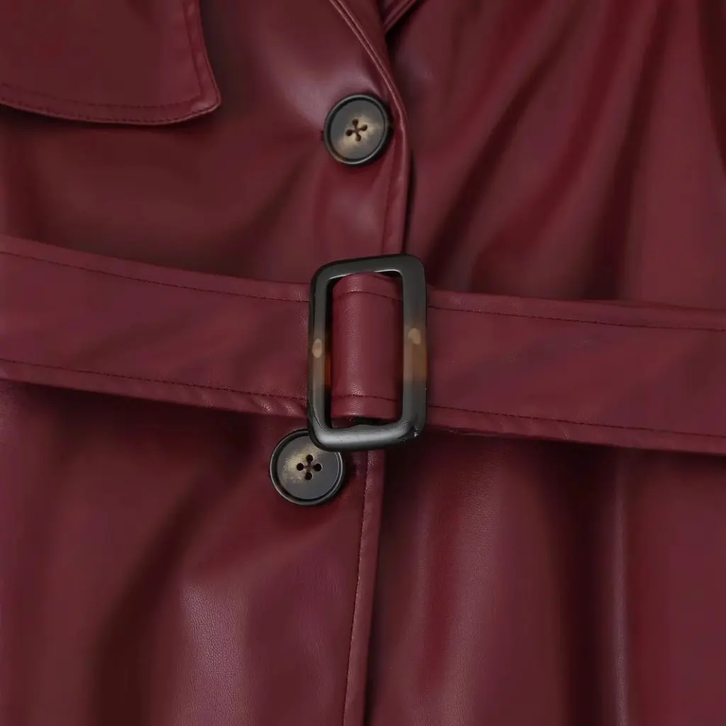 Casaco de couro pu vintage feminino high-end elegante lapela cintura longa sobre o joelho outono inverno outerwear