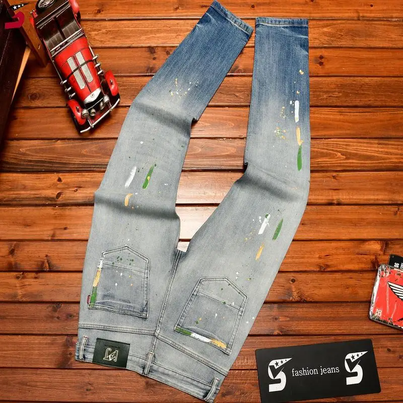Slim Skinny Stretch Long Denim Jeans with Blue Ink Splash Pattern for Men - Versatile Daily Pants