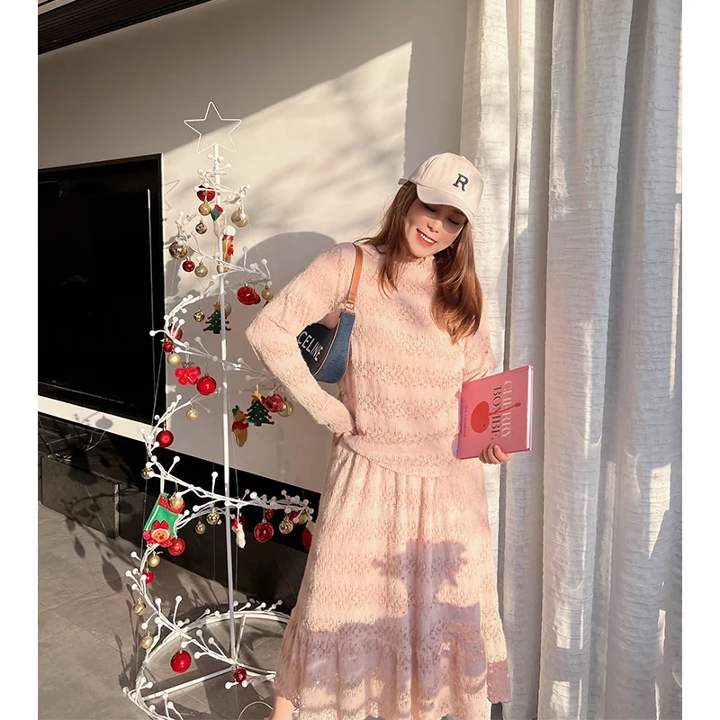 

Vogana, кружевной комплект большого размера с вырезами и юбкой, нежный сексуальный корейский комплект для поездок на работу, зимняя коллекция Faion