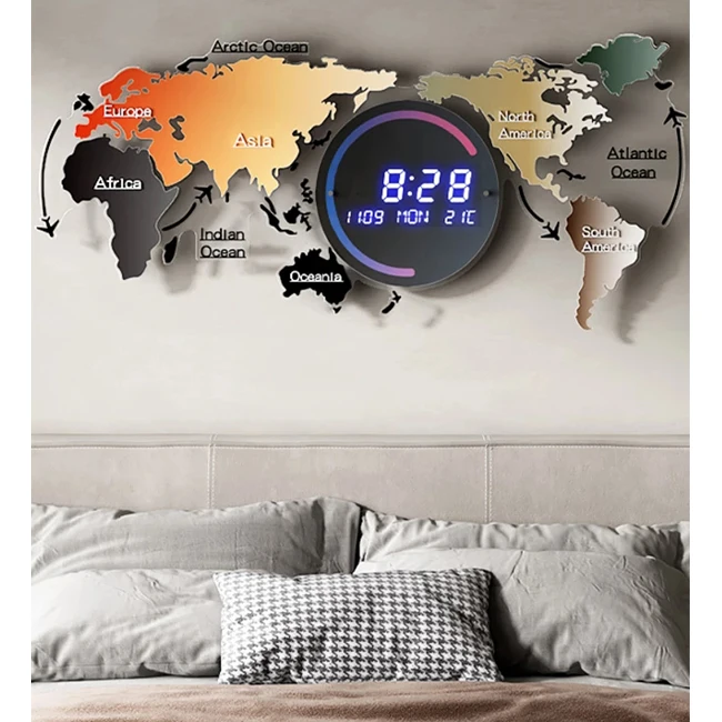 74x34cm wall Decorative Acrylic Digital Wall Clocks Creative World Map Shape Smart Led Clock with Calendar