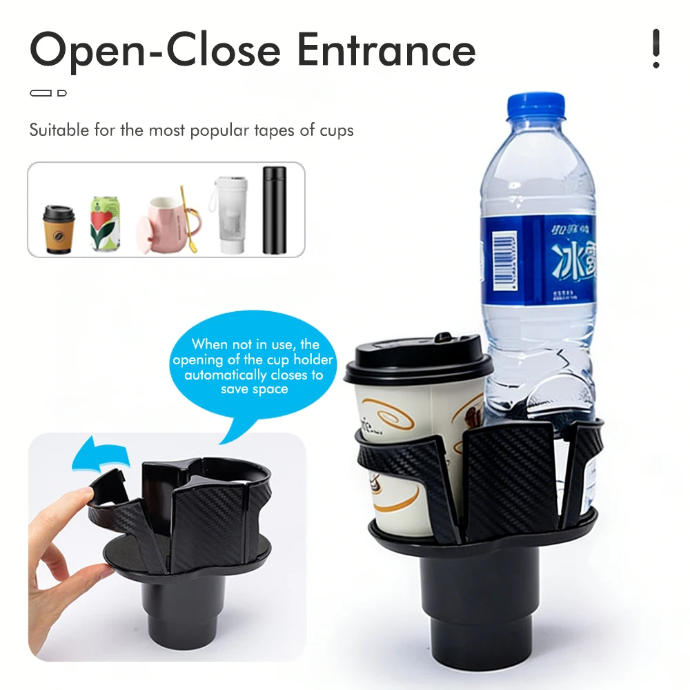 Multi-Functional 2-in-1 Car Cup Holder with Drink Rack Swing-Open Access Design Shock-Absorbing Base Left/Right Adjustable