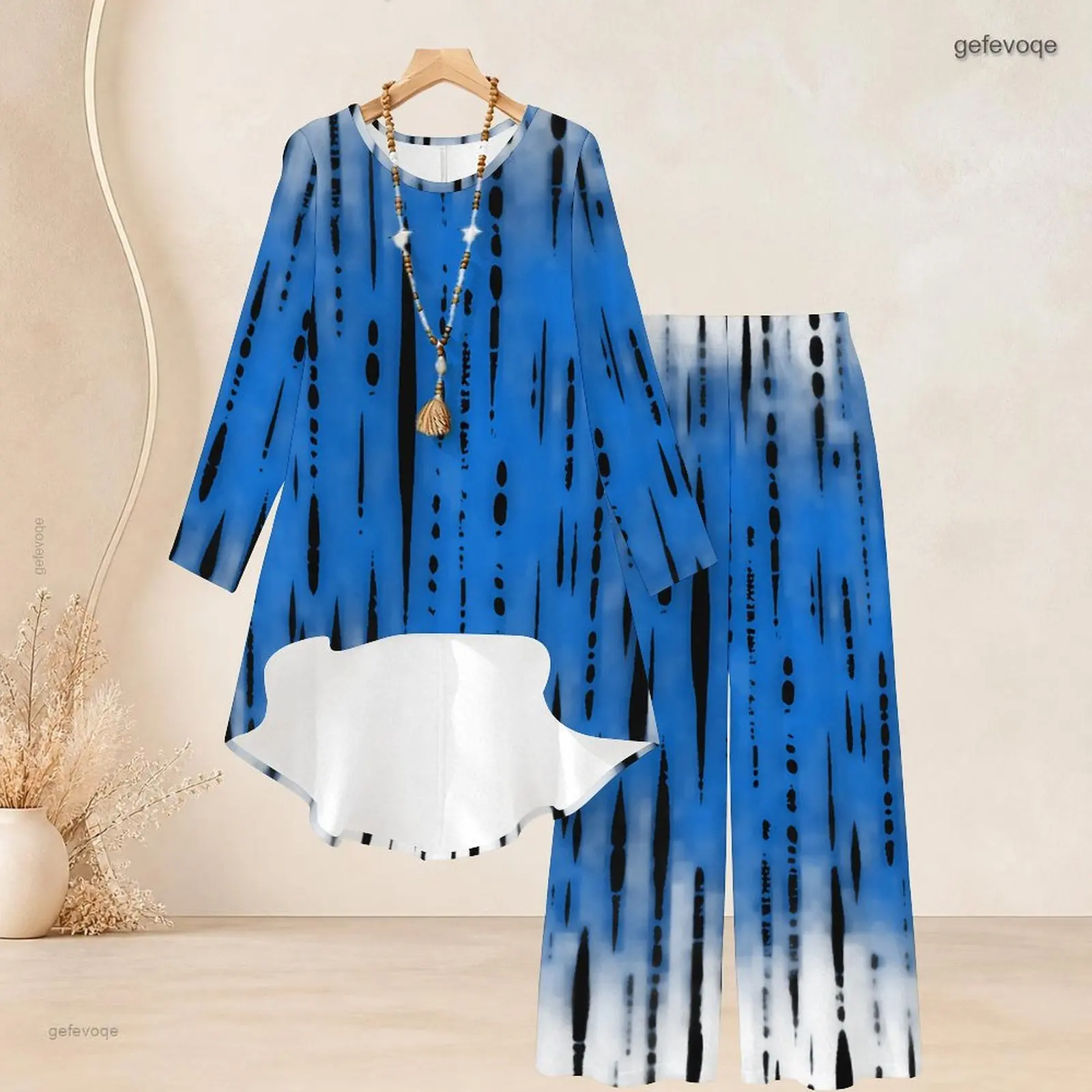 Printed Pants Set for Women Round Neck Long Sleeve High Low Top Wide Leg Pants Two Piece
