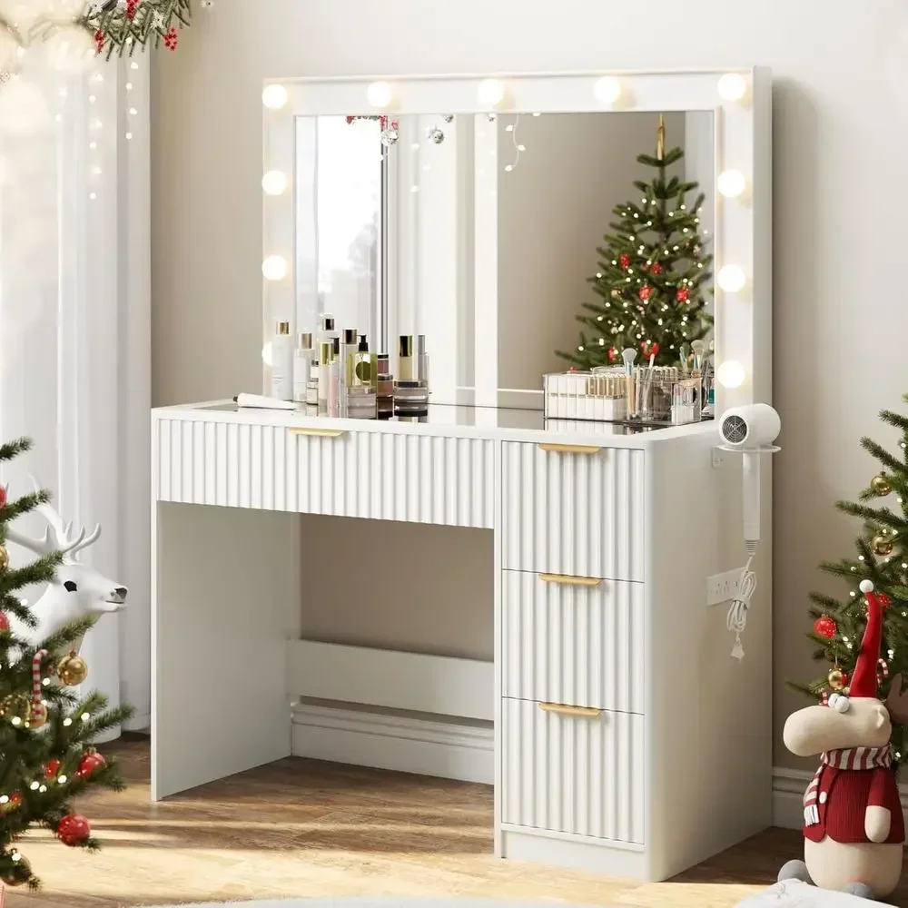 36 LED Lighted Makeup Vanity Desk with Large Mirror, 4 Drawers, Tempered Glass Top, Charging Station, for Bedroom, Dorm, Women &