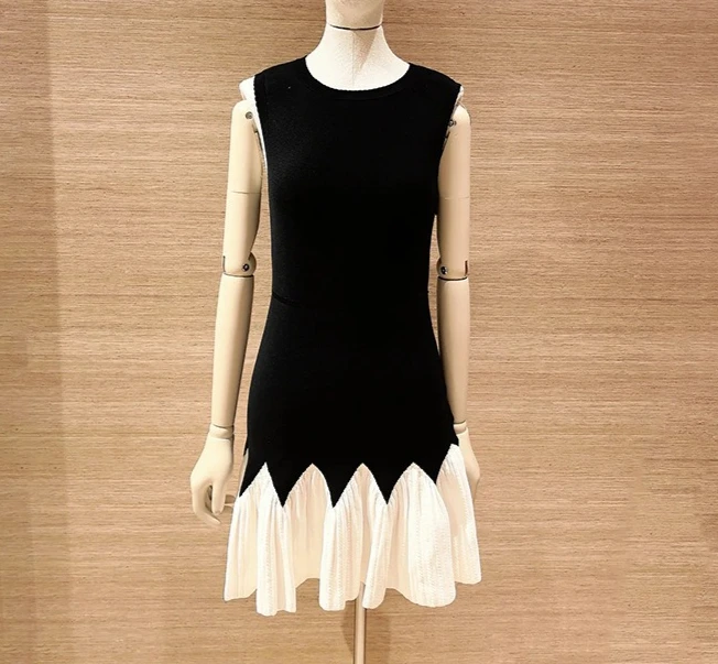 Vestido feminino preto patchwork malha sem mangas em camadas com babados mini vestido justo