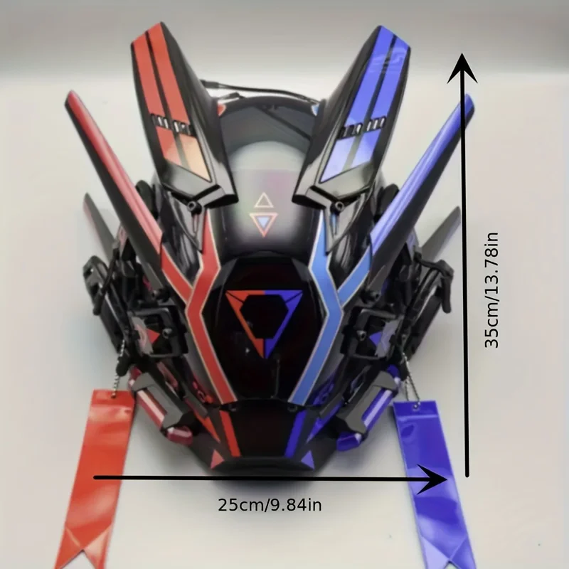 

Advanced unique red and blue helmet LED mask, cosplay accessory with horn and tassel design, role-playing prop