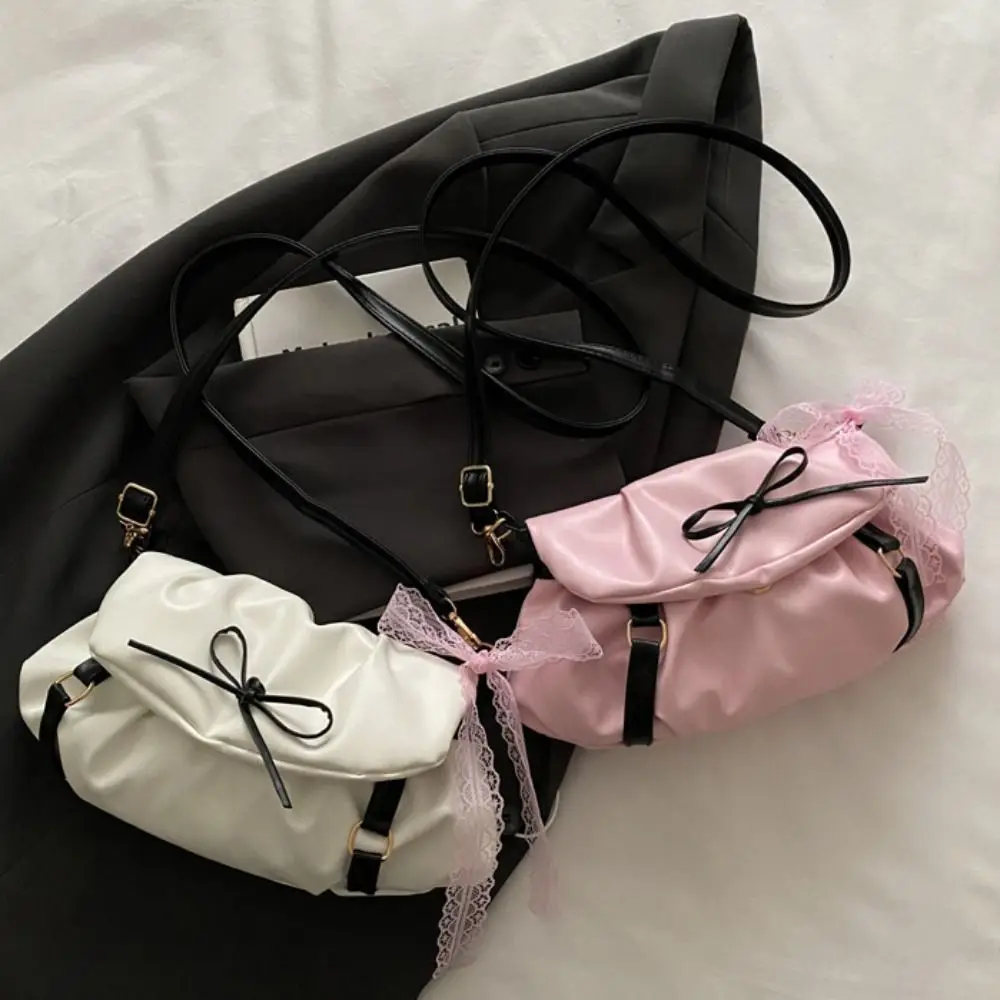 

PU Leather Y2k Shoulder Bags Korean Style Pleated Balletcore Underarm Bag Fashion Design Solid Color Bow Lace Handbag