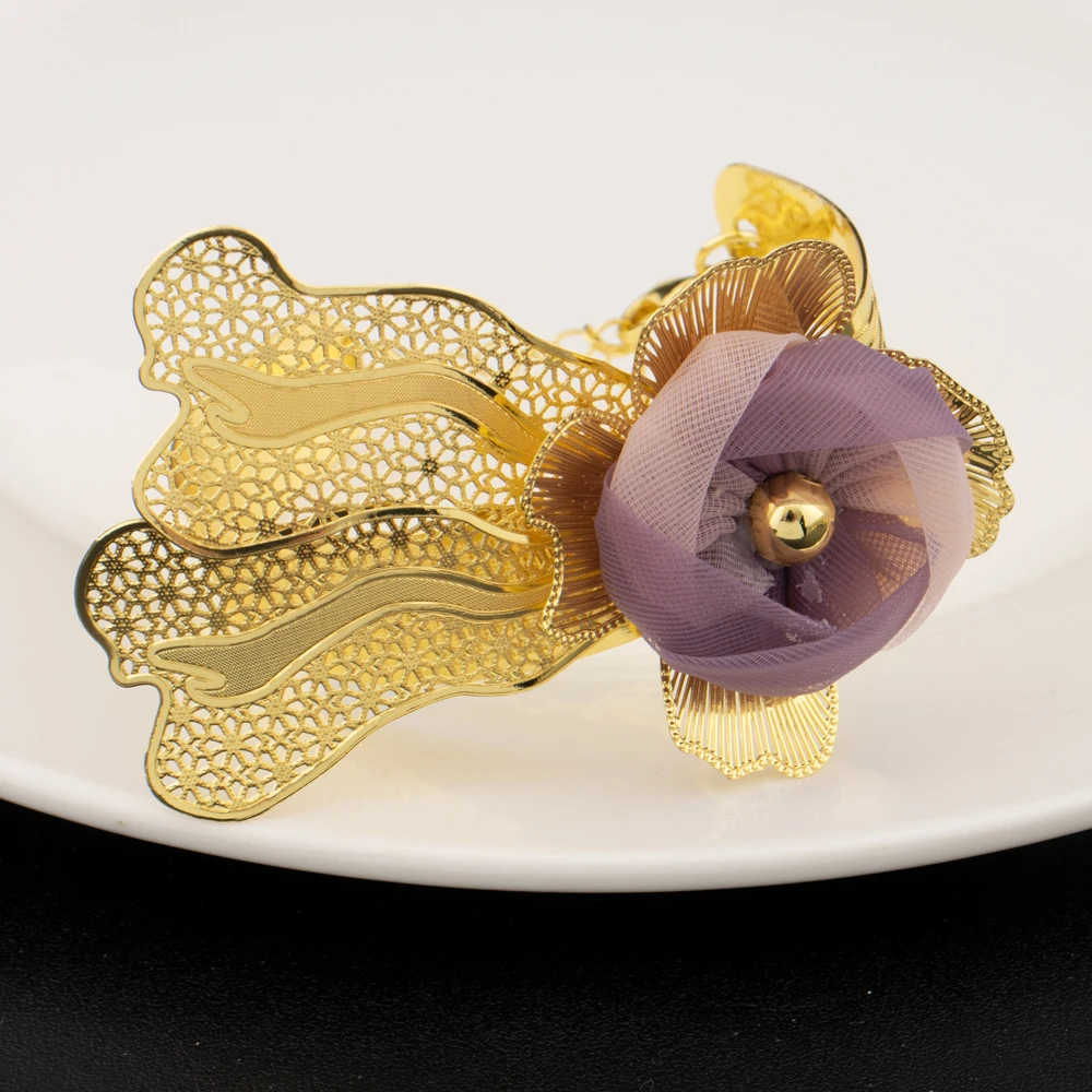 

Luxury Noble Gold Plated Big Necklace Earrings Bracelet Ring for Women Purple Flower Shaped Jewelry Gift for Party Wedding