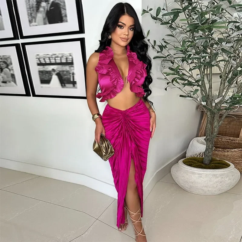 

GUWU Summer Fashion Women's Set Sleeveless Ruffles Crop Top and Ruched Split Skirts Suit Sexy Street Two 2 Piece Sets Outfit