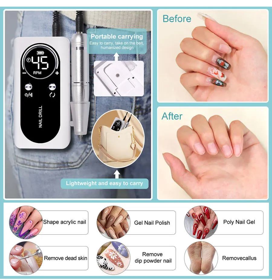 Electric USB Nail Drill Machine, Portable Electric Nail File Efile Set for Acrylic Gel Nails, Manicure Pedicure Tool