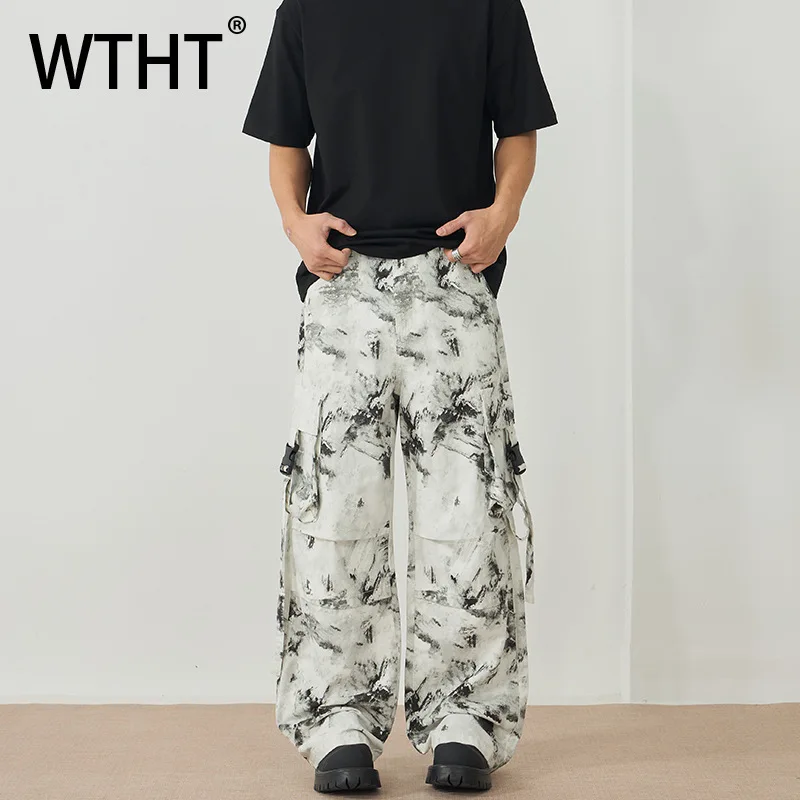 

WTHT модные мужские джинсовые брюки Tie Dye Do Old с карманами и лентой, винтажные свободные джинсы-карго с высокой талией, мужские джинсы 2021, лето 2A0780