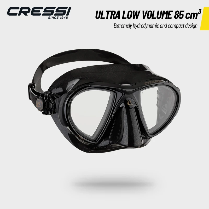 Cressi Nano Ultra Low Volume Free Diving Mask Tempered Glass 2 Window Integrated Dual Frame Black Silicone Mask for Adults