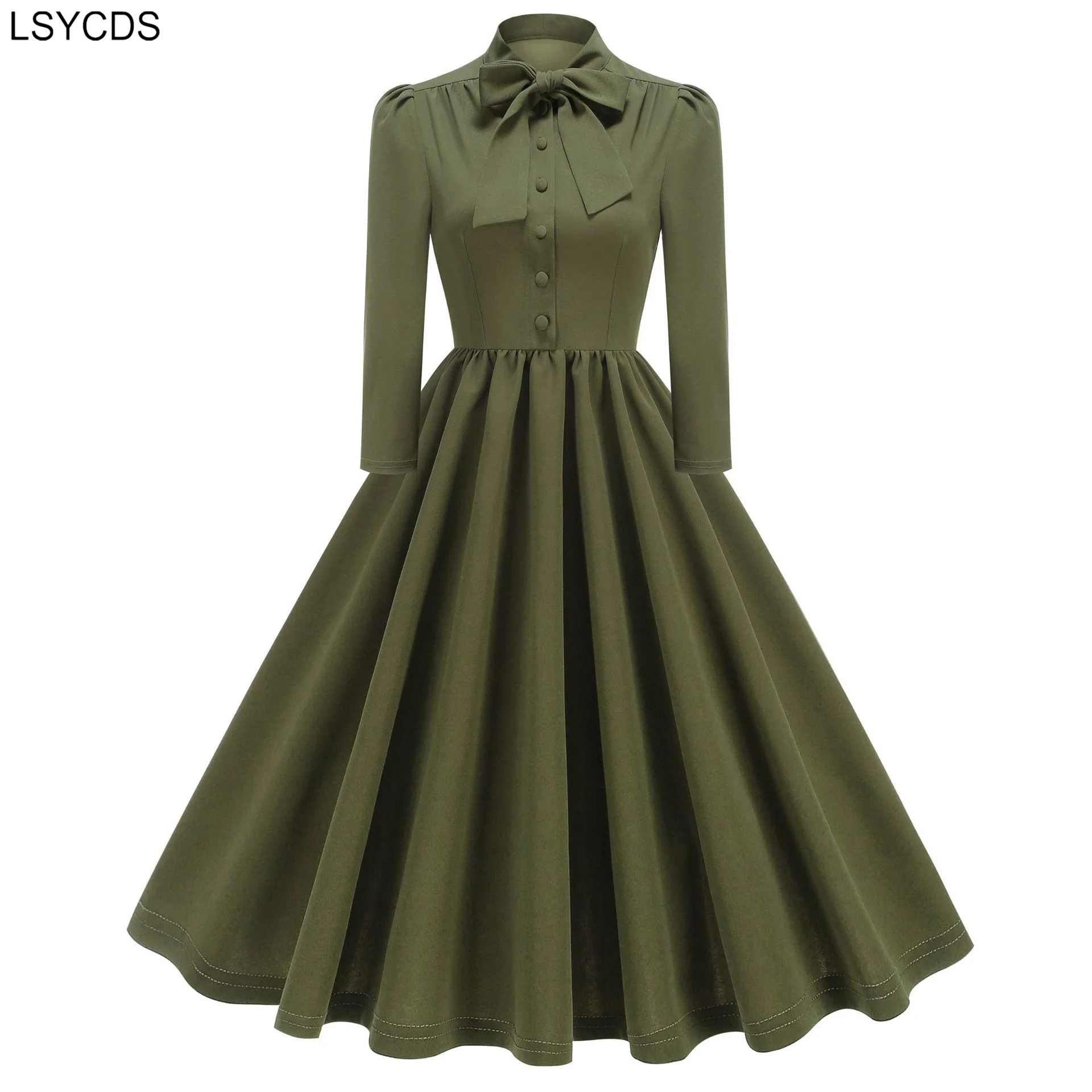 LSYCDS Vintage Swing Dresses Bow Neck Buttons Front Elegant Pleated Women Dress 3/4 Length Sleeve Autumn Clothes Retro Dress New