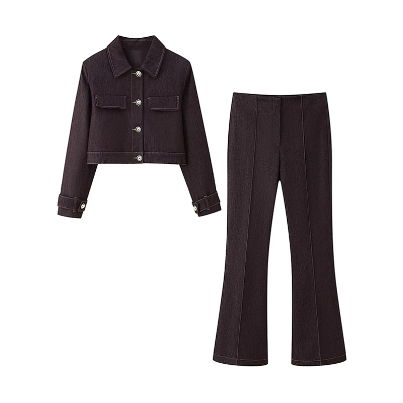 Women Color-Blocked Stitch Jacket 2pcs Set Single Breasted Short Jacket+Flared Pants Suit 2025 New Autumn Outfits Female