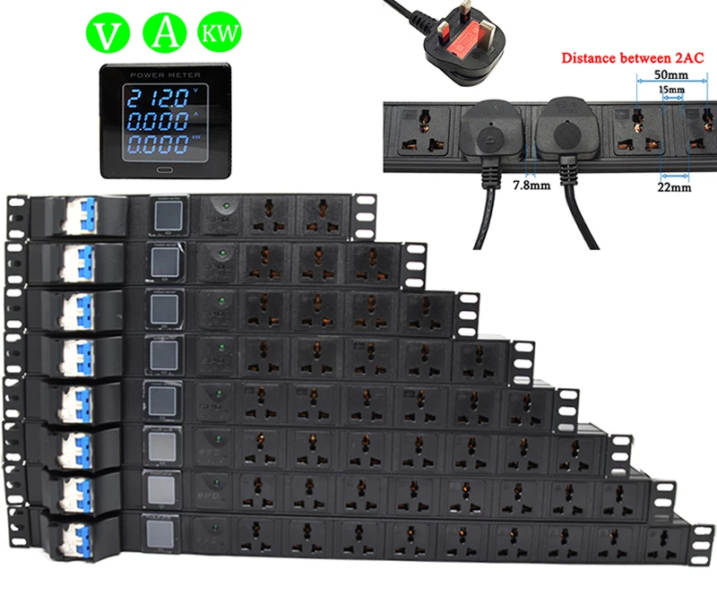 

Network Cabinet Rack Mount PDU Power Strip 2-10 Ways Outlets Wide Spaced with Digital Display Meter 16A 32A Circuit Breaker