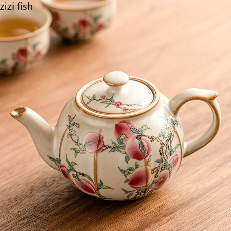 Ru Ofen Gelbe Keramik Teekanne Teetisch Kung Fu Teeset Pfirsichgemusterte Teekanne Teetasse Bambus Holz Glas Tablett Haushaltstee-Set