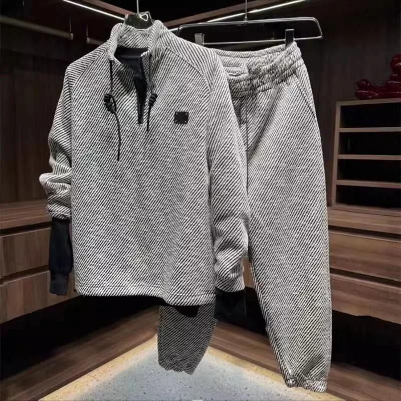 Striped Plus Velvet Thickening Casual Suit Men Autumn Winter Handsome Loose Leggings Trousers Sweatshirt Two-piece Set