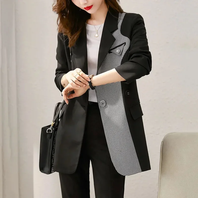 Spring Autumn Splicing Women Blazer New Fashion Long Sleeve British Style Casual Office Business Suit Jacket Female Overwear