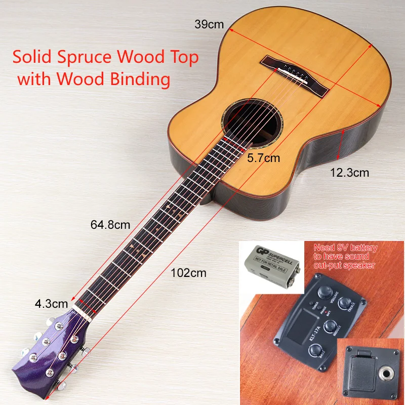Guitarra acústica eléctrica de 40 pulgadas, tapa de abeto macizo, guitarra occidental de 6 cuerdas, guitarra folclórica de tamaño completo de alto brillo con EQ Natural y negro