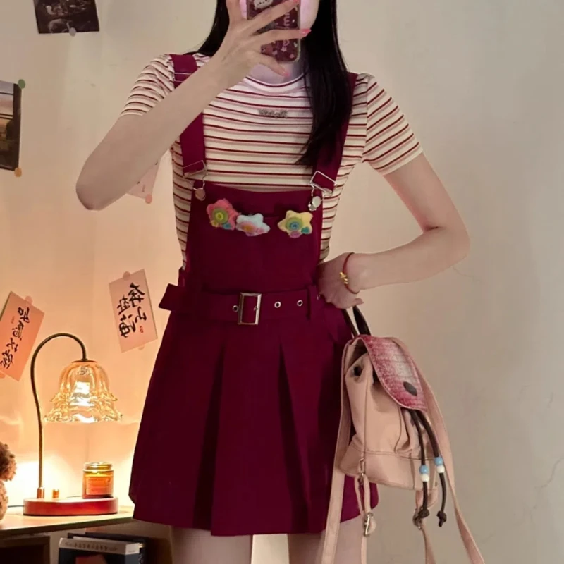 Mori Girl Style Summer New Design Sense Age Reduction Kawaii Skinny A-Line Pleated Strap Denim Short Mini Dress Female Clothing