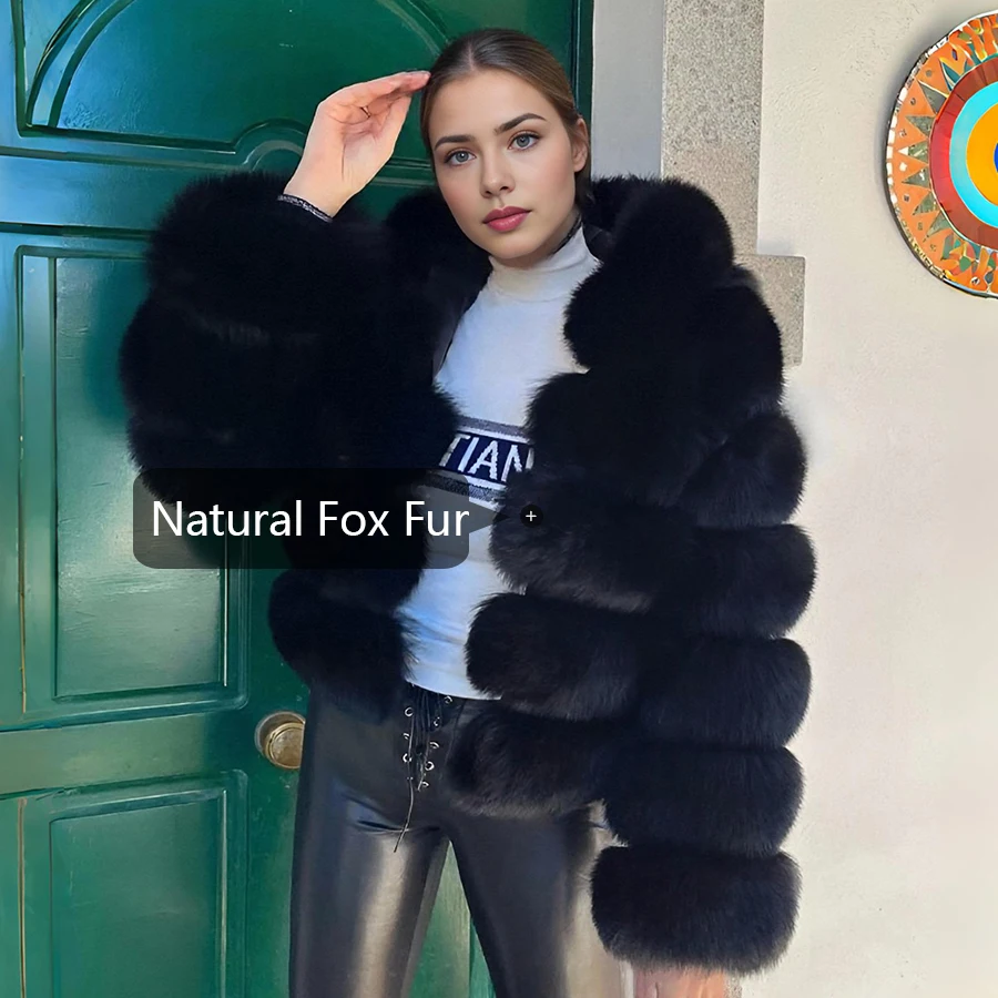 블랙 폭스 퍼 후드 크롭 폭스 퍼 재킷 정품 가죽 재킷 신상 여성 천연 퍼 코트