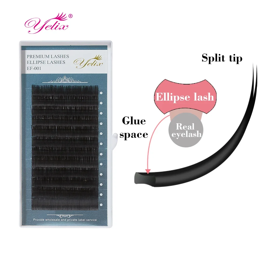 Yelix Ellipse Flat Eyelash Extension D Curl Cashmere Lashes Soft Two Split-tips Individual Eyelashes Mixed Eye Lash Trays Makeup