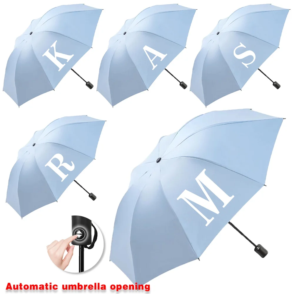 

Automatic Umbrella Portable Sunshade Sunscreen Blue Handle Foldable Use Rain Umbrella Travel Sun Rain Dual White Letter Printing