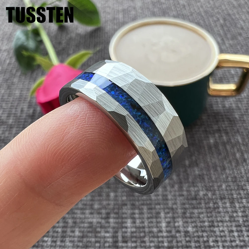 TUSSTEN 8MM Silver Hammered Tungsten Finger Ring for Men Women Fashion Engagement Wedding Band Genuine Blue Opal Inlay