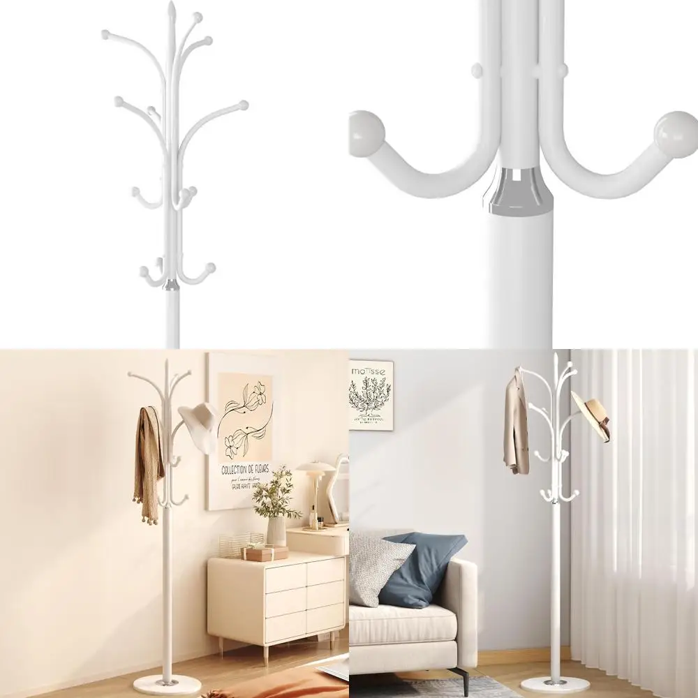 

Modern Metal Coat Rack with 12 Hooks, Natural Marble Base, White, Entryway Storage Organizer