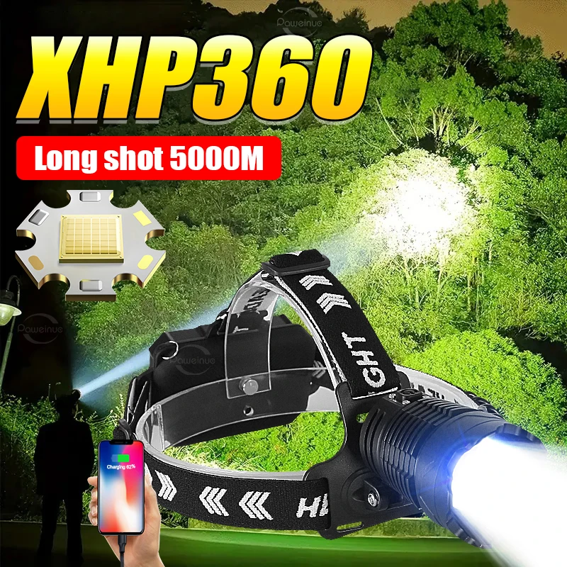 Super Powerful XHP360 Headlamp LED Rechargeable Head Flashlight High Power Headlight 18650 Long Range Fishing Tactical Lantern