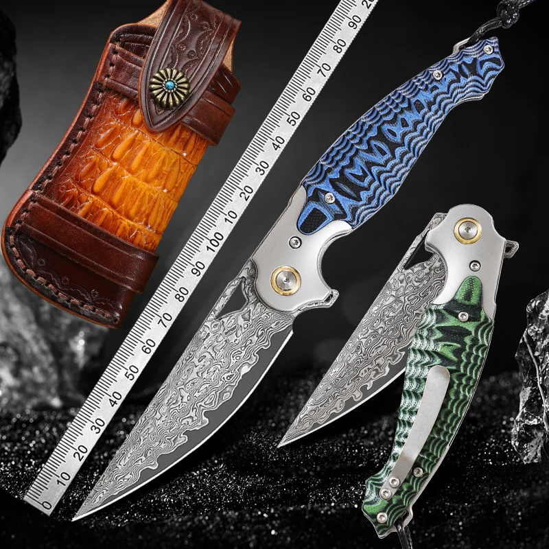 Hand Forged 67 Layer Damascus Steel Pocket Folding Knife, G10 Handle, Ball Bearing, Outdoor Camping Hunting Survival EDC Tool