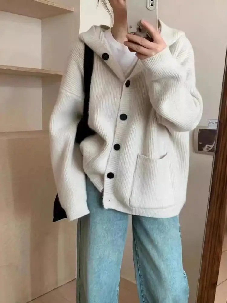 

Autumn Winter Solid Elegant Vacation Hooded Knitted Tops Korean Fashion Women Versatile Single Breasted Short Sweater Streetwear