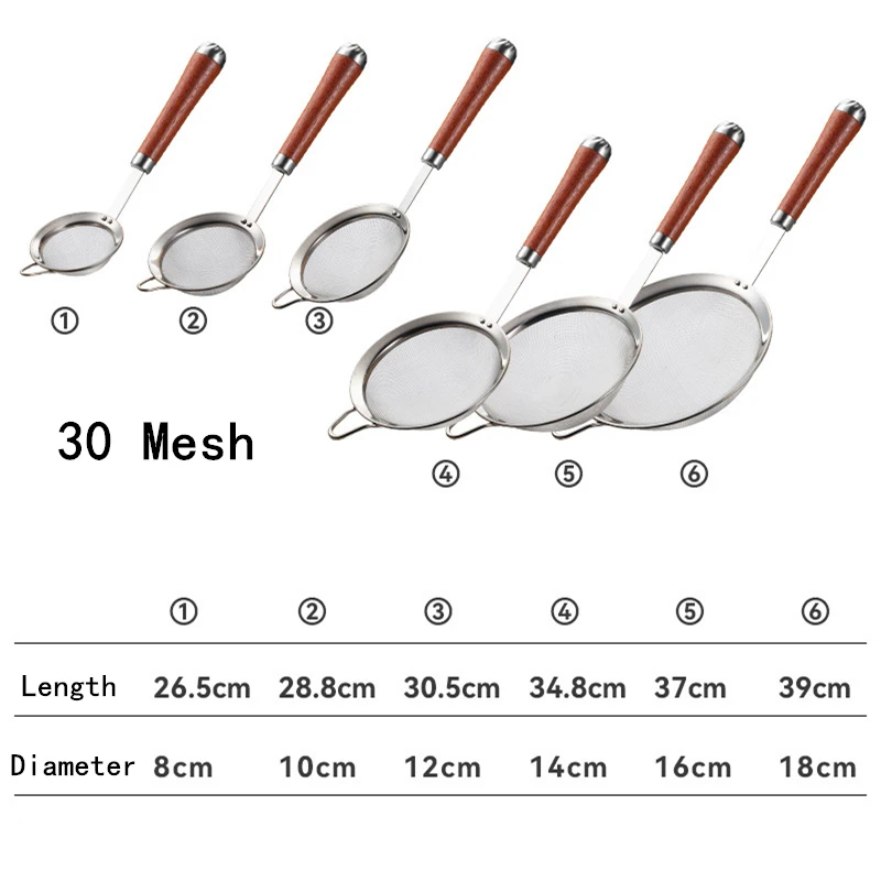 Kichen Stainless Steel Skimmer Wooden Handle Small Colander Fine Mesh Oil Filter Spoon Multi-Function Juice Flour Sieve Strainer