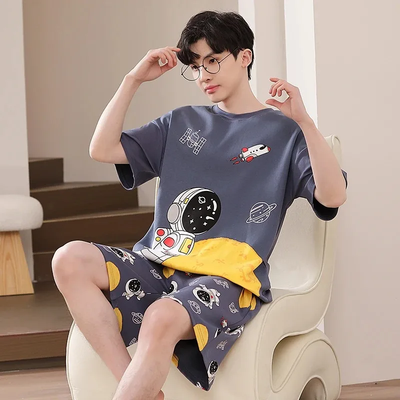 Conjunto de pijama de algodón coreano para hombre, ropa de dormir informal de manga corta, Tops y pantalones, verano, 2 piezas