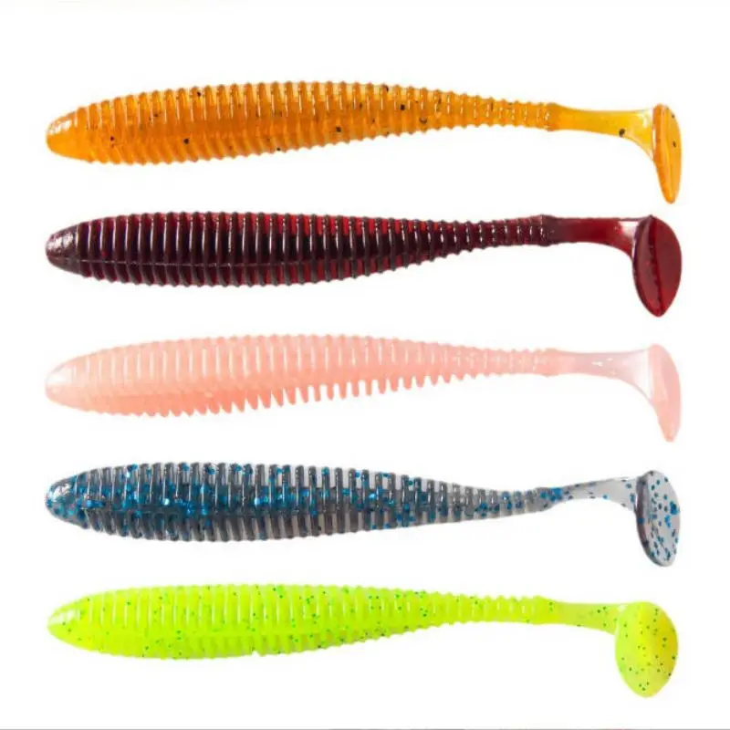 

12pcs/bag 90MM Soft Fishing Lures Screw Thread T-Tail Lures Jig Wobblers for Carp Bass Artificial Double Color Silicone Swimbait