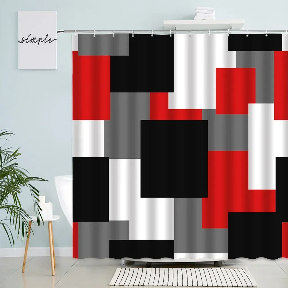 3D Black Red Grey White Splicing Geometric Shower Curtain Plaid Creative Design Modern Home Bathroom Decor Curtains Fabric Hooks