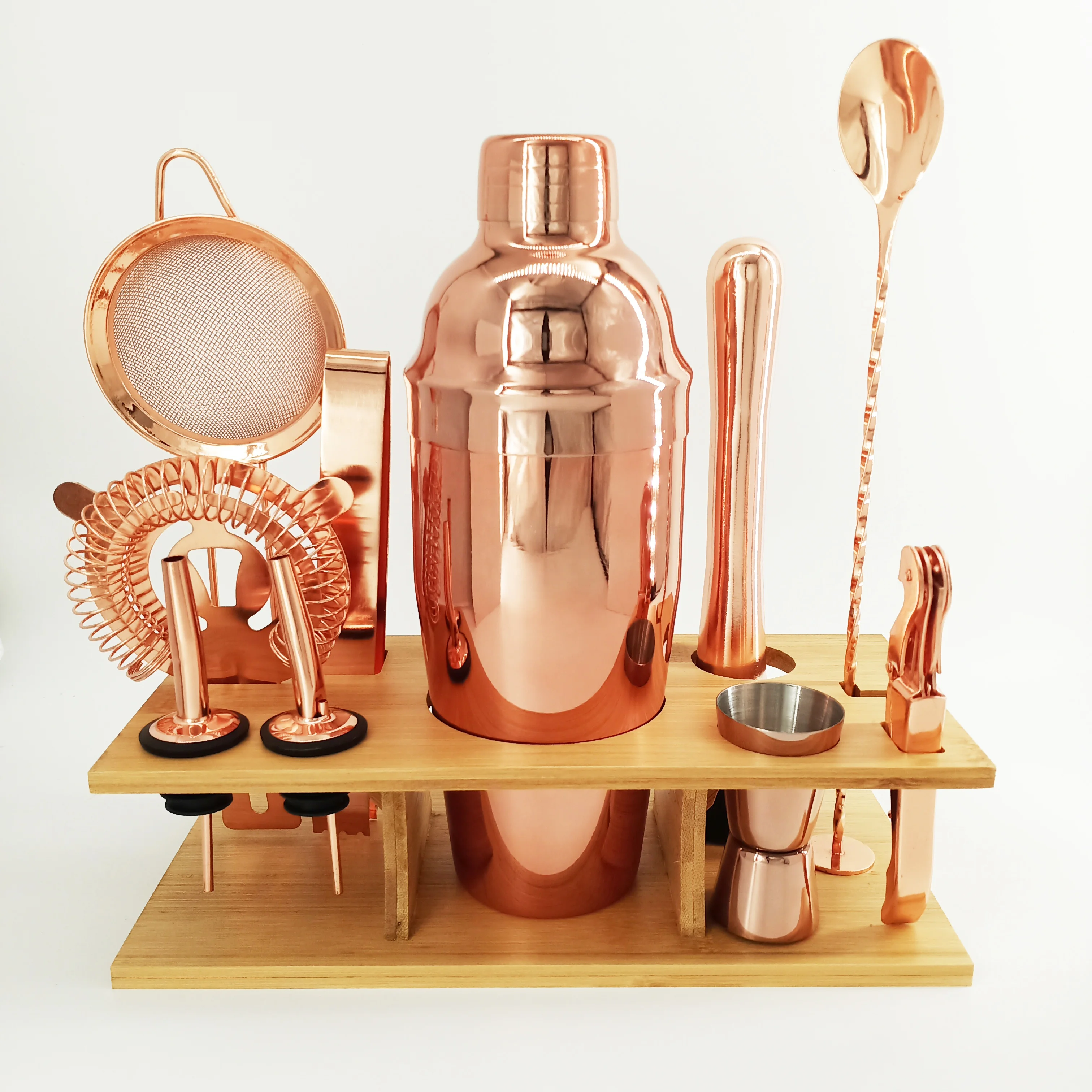 Stainless Steel Bar Tools Copper Plated Bartender Kit with Bamboo Stand Rose Gold Cocktail Shaker Set