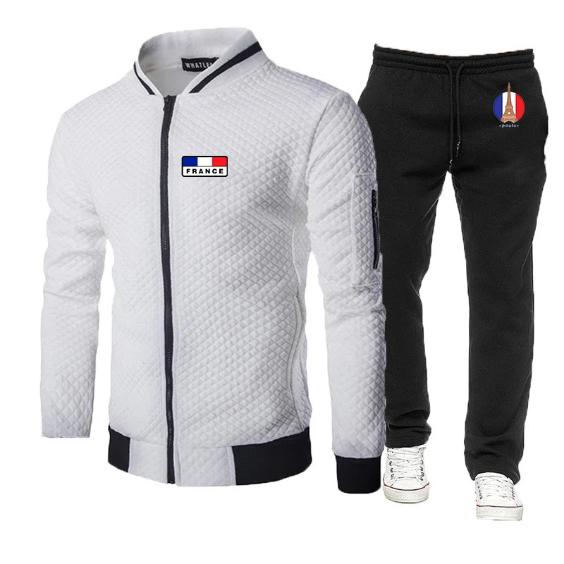 

France National Flag Eiffel Tower 2025 New Men's New slim-fit Casual Suit Stand Collar Zipper Shirt Fashionable Two-Piece Set