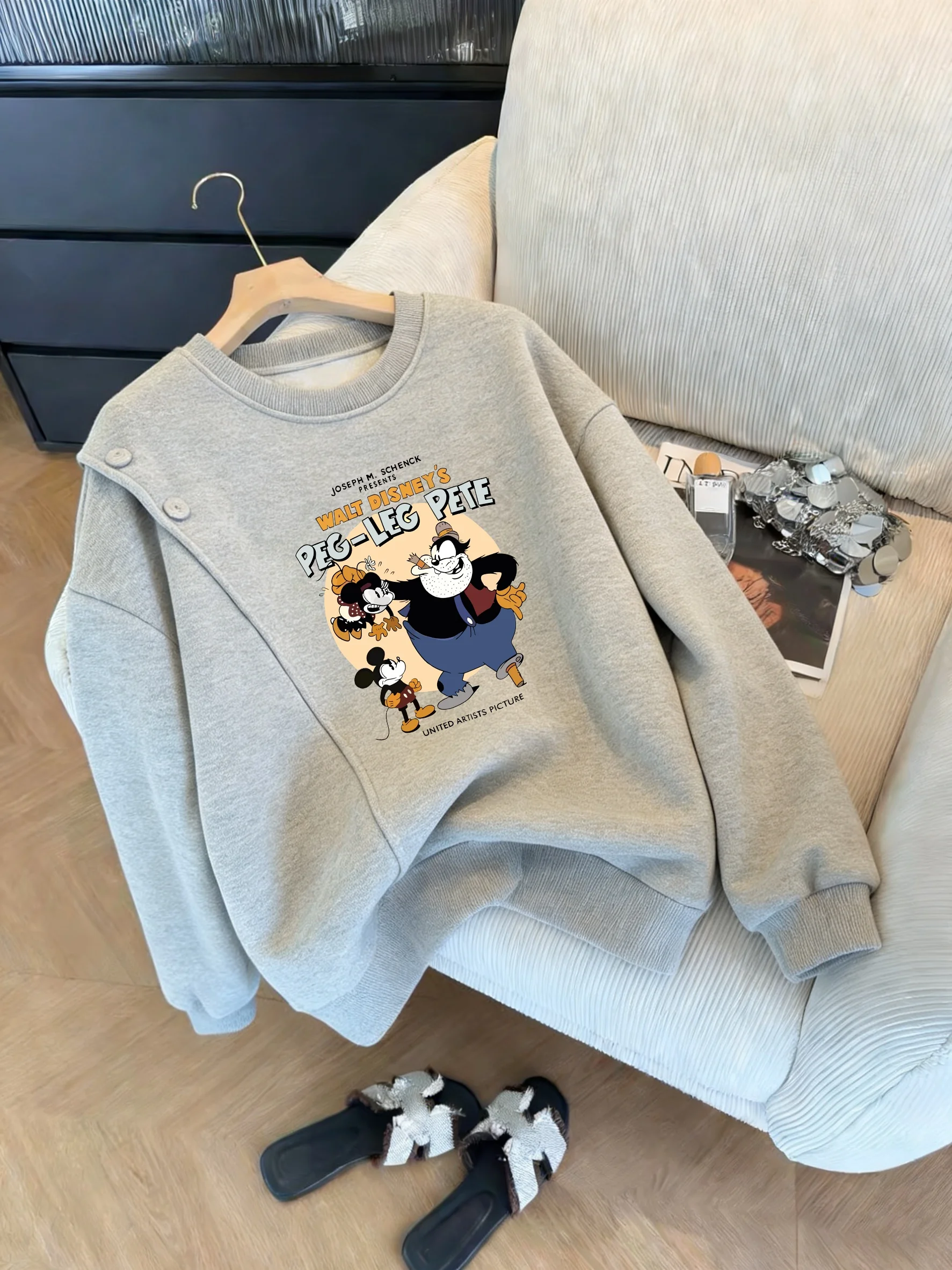 

Loose Fit Long Sve Hoodie round Ne Printed Casual Women's T-irt Korean Laid-ba Sle Retro Cartoon Design Spring Autumn