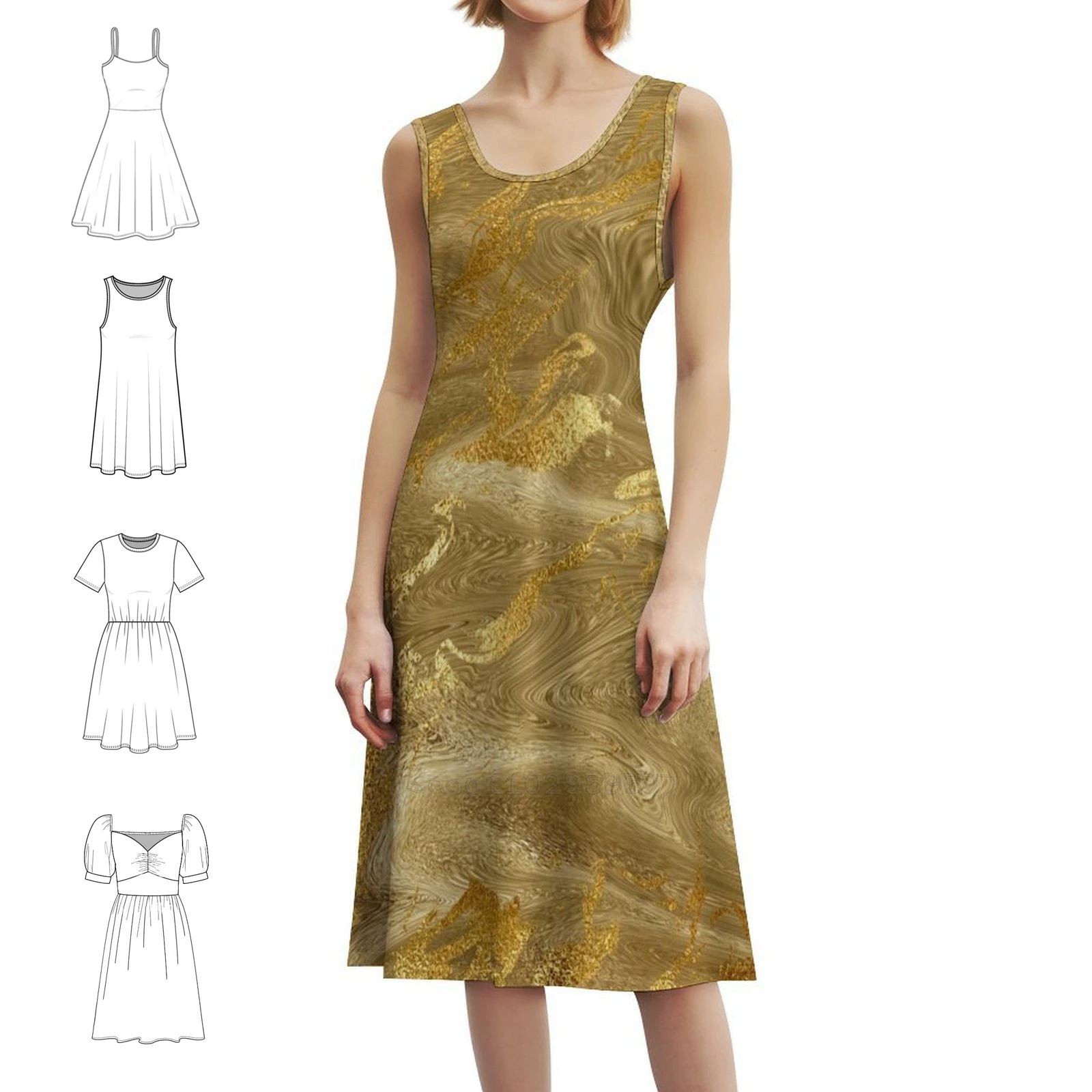 

Gold Liquid Marble Foil Floral Smock Dress For Women Spring Summer Casual Dress For Party Bling Sparkle Gold Marble Gold Marble