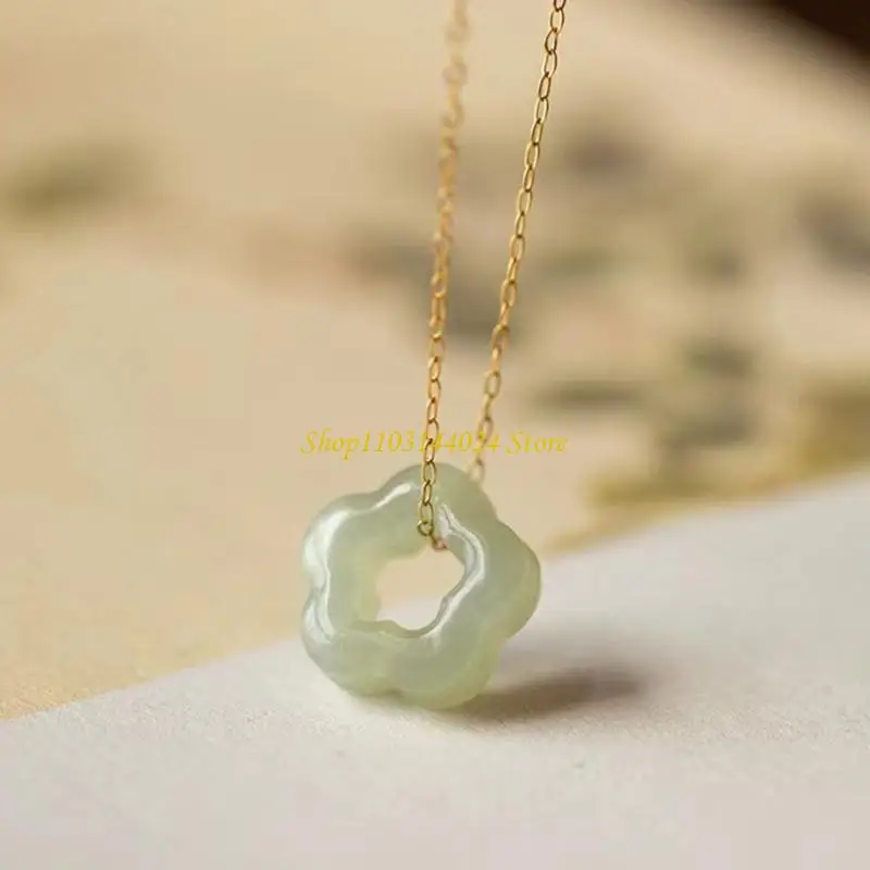 N5KE Hollow Carved Flower Shaped Pendant Necklace Natural Hetian Jade Necklace Simple Dainty Choker Exquisite Jewelry