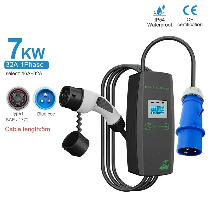 

2025 Hot Sale Type1 Type2 Portable EV Charger 3.5KW 7KW Power Optional Adjustable Rapid Electric Car Charger Customization