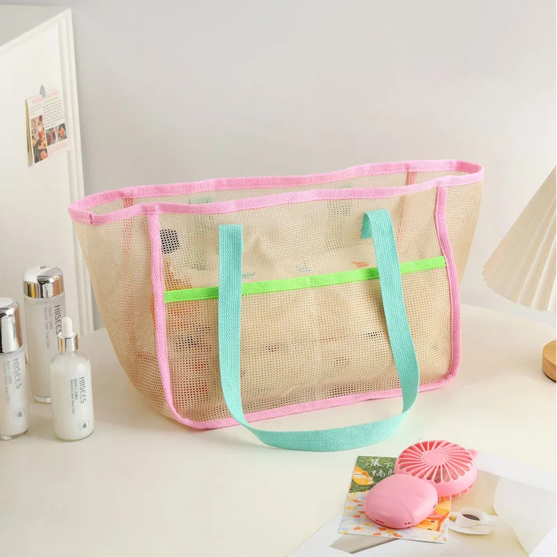 Large Capacity Mesh Beach Bag Handheld Swimming Bathing Dripping Korean Style Travel Storage Bag Multi Purpose Nylon Cube Shape