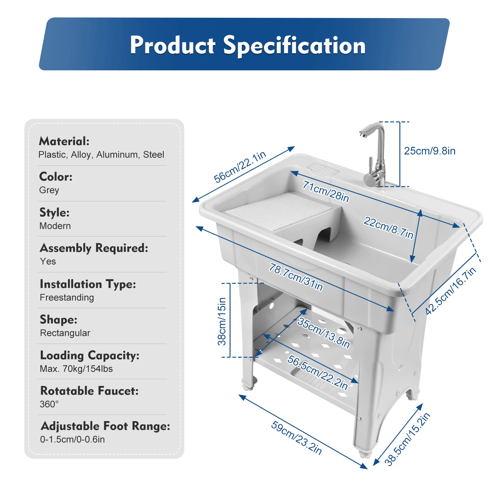 Multifunctional Laundry Sink: Durable PP Material, Easy Installation, Complete Accessories, Classic Gray Design