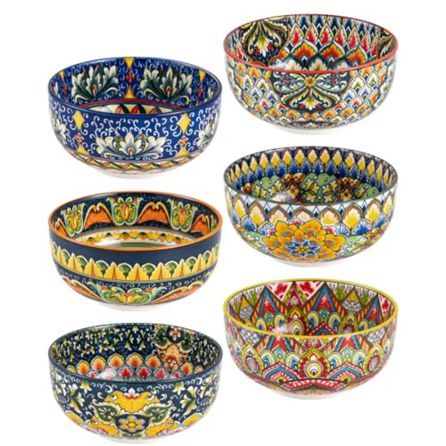 

Набор керамических суповых мисок 28 унций, набор из 6 разноцветных мисок в богемном стиле для салатов, пасты, риса, подходят для посудомоечной машины и микроволновой печи