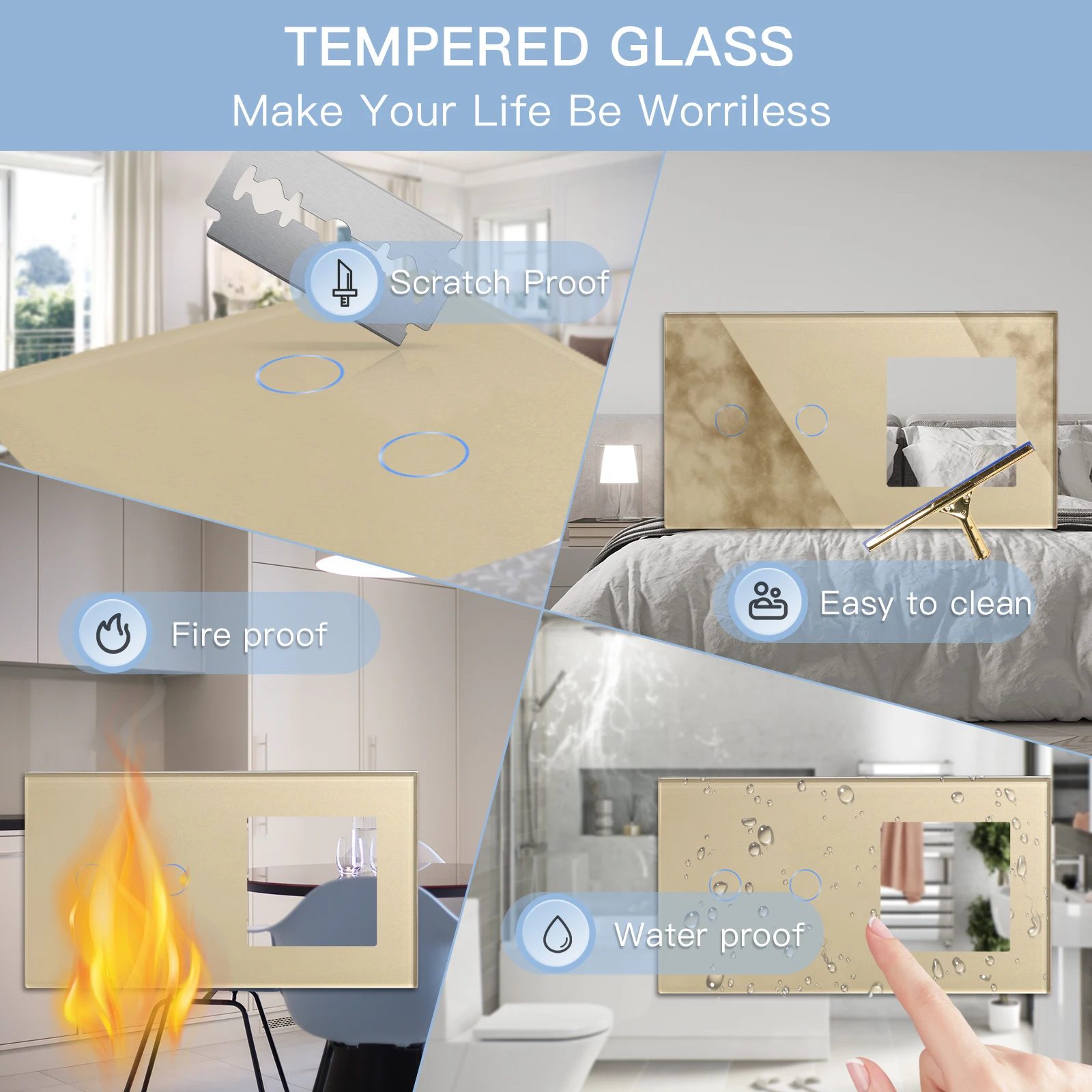 BSEED EU Standard 1/2/3Gang Touch Switches 1way Light Sensor Switch With USB Sockets Wall Sockets Type-C Ports Glass Panel