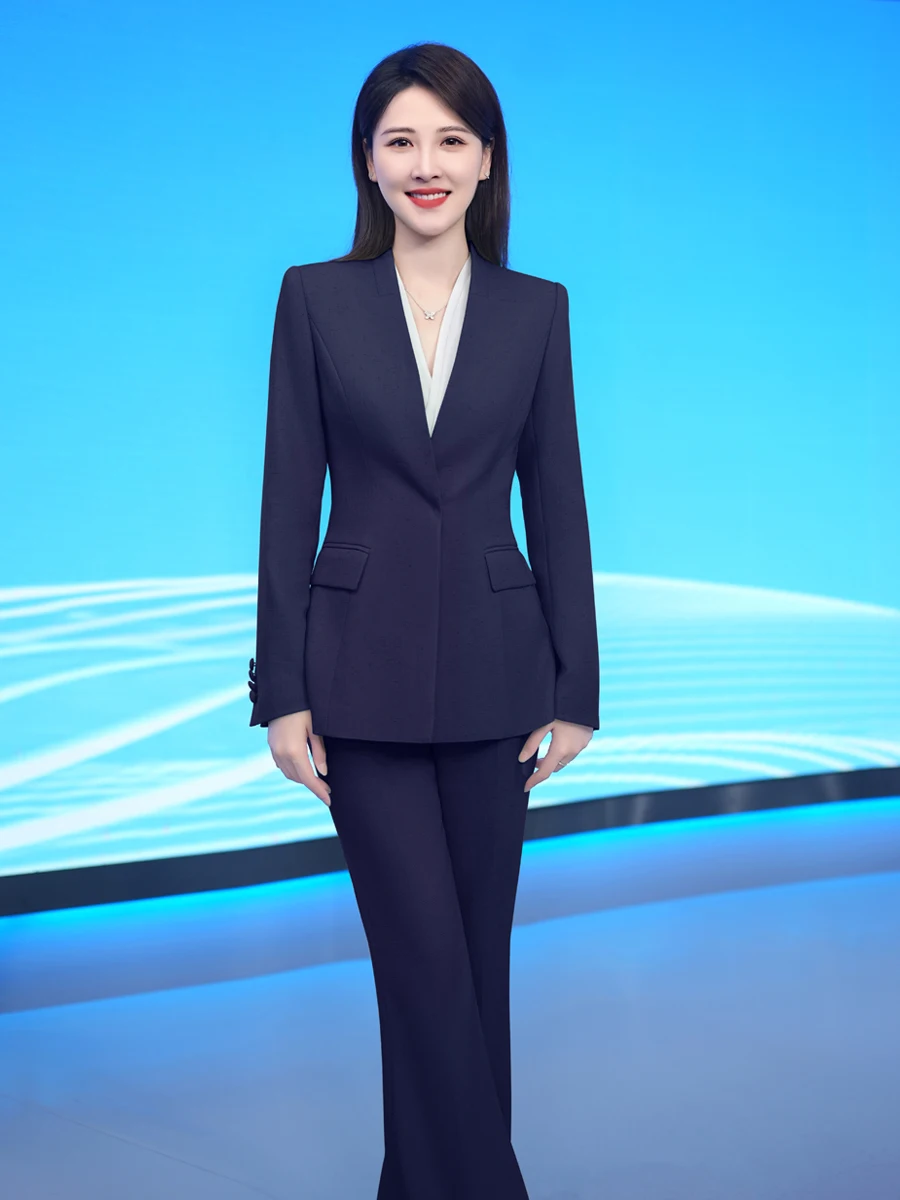 

Busin Casual Blue Lapel Suit Profional Workwear Trousers Long Sve Polyester Fiber Autumn Collection Faionable