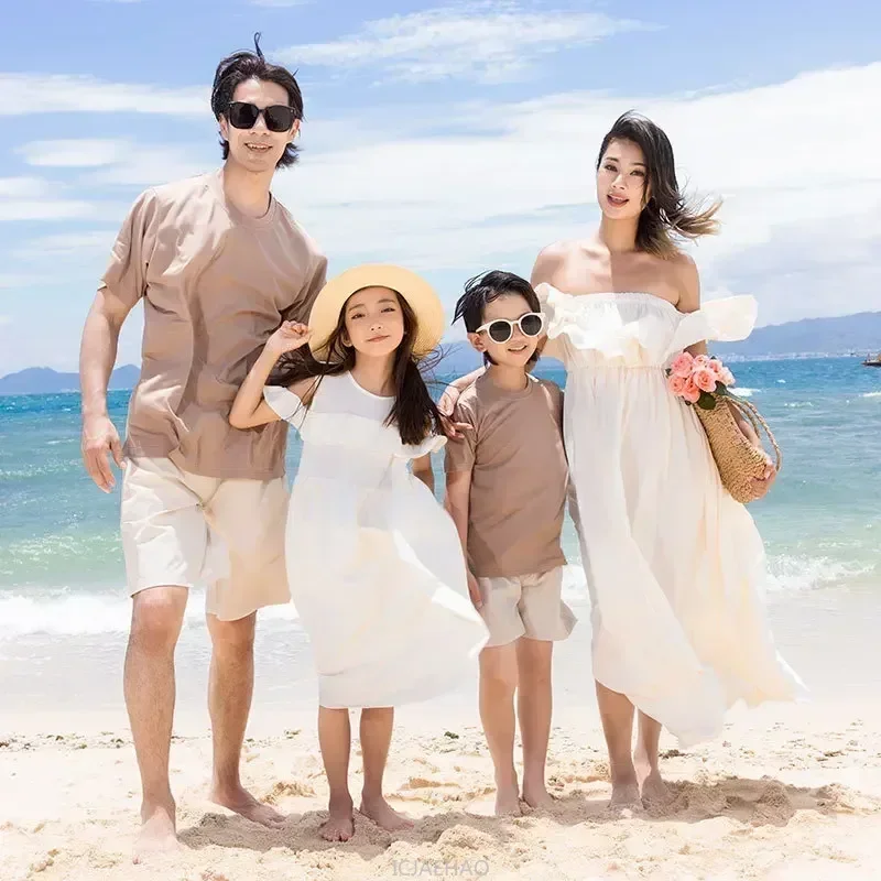 Look Family Matching Clothes Equal Party White Dress Dad Mom Children and Daughter Vacation Outfit Father Son Set Beach Mother